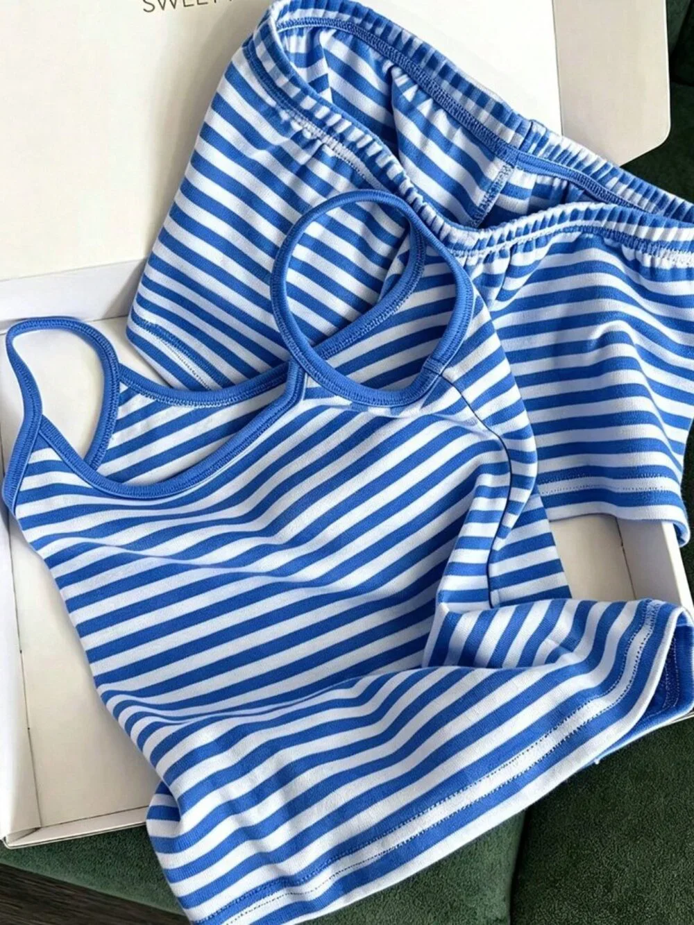 Baby Blue Casual Women's Striped Colorblock Cami Top And Shorts Set
